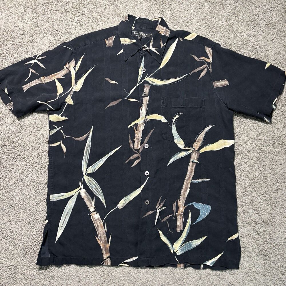 Vintage Tori Richard Silk Hawaiin Shirt Black Bamboo Pattern Mens L Button Down